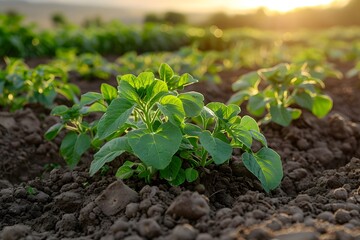 Wall Mural - Young Green Plants Growing in a Sunlit Field