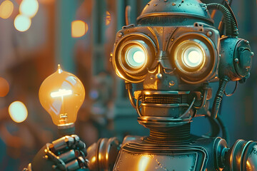 Poster - a friendly vintage toy robot with glowing eyes holds a light bulb in his hand. fun robotic toy. tech