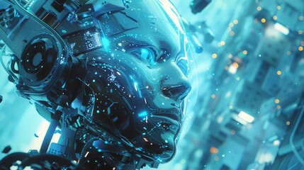 Poster - conceptual technology illustration featuring artificial intelligence with futuristic digital interfa