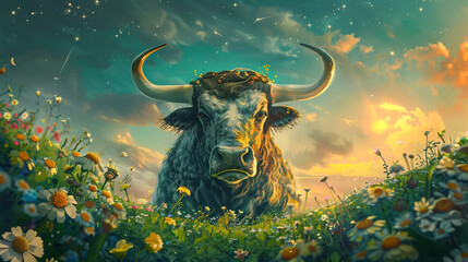 Wall Mural - Taurus, the Bull. The Bull is depicted with strong. The background features lush, green fields and blooming flowers, symbolizing the earth sign of Taurus