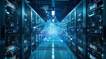 Poster - 3d rendering of a high-tech data center room featuring connected network servers and storage systems