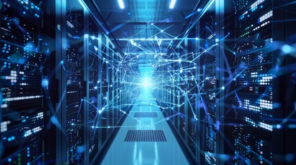 Poster - Connection network in servers data center room with storage systems – 3d rendering of advanced technology infrastructure, high-speed data processing, and secure information management in modern cloud 