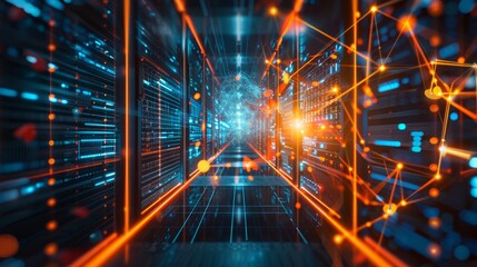 Poster - connection network in servers data center room with storage systems – 3d rendering of advanced techn