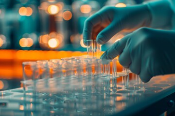 Wall Mural - A close-up image of scientists holding nanomaterials nanotec nanotechnology conducting research fiber microfiber microbiology medicine healthcare pharmaceutical production lab laboratory science