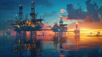 Poster - Oil Rigs at Sunset