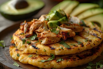 Wall Mural - Grilled Corn Cakes Topped with Shredded Chicken and Avocado