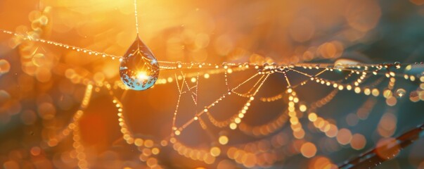 A photorealistic image of a dewdrop clinging to a spiderweb, reflecting the sunrise.