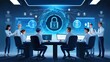 © Danny - Cyber-security workspace with advanced encryption, biometric access, and a team protecting data from threats.