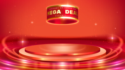 Wall Mural - an empty red podium with a floating 'mega deal' banner offering discounts up to 50% off. perfect for