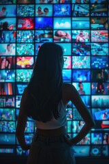 Aufkleber - A woman standing in front of a large wall of televisions, with various screens displaying different content