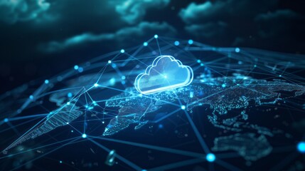 Poster - Cloud computing technology concept with large cloud icon and global connectivity on abstract world map polygon, dark blue background