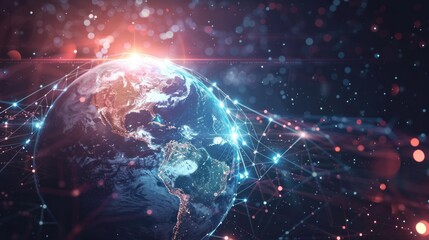 Poster - global technology data network surrounding planet earth, abstract scientific illustration conveying 