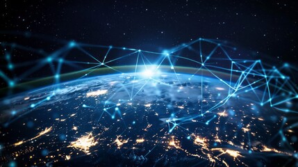 Poster - global technology data network surrounding planet earth, abstract scientific illustration conveying 