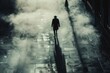 © furyon - enigmatic figure casting long shadow on misty urban street ethereal atmosphere dramatic contrast film noir style