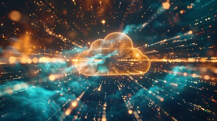 Poster - futuristic digital technology web interface with holographic cloud icon, blue and golden light digits, and code background, abstract motion of data flow and cloud computing concept