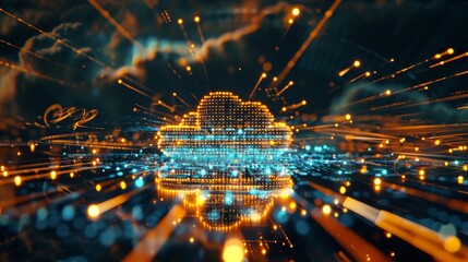 Poster - futuristic digital technology web interface with holographic cloud icon, blue and golden light digits, and code background, abstract motion of data flow and cloud computing concept