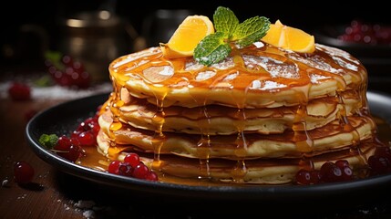 Wall Mural - Close-Up of pile of pancakes with melted sweet syrup and fruit toppings with a blurred background
