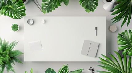 Wall Mural - Illustration of a white empty desk topdown with top view green plants. generative ai