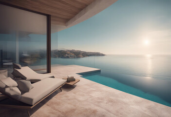 Sticker - A modern villa with an infinity pool overlooking the sea creates an abstract vision of luxury and co