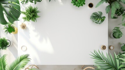 Wall Mural - Illustration of a white empty desk topdown with top view green plants. generative ai