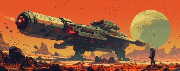 Wall Mural - a pixel art rendition of a retro-futuristic robot exploring a desolate planet, its pixelated form co