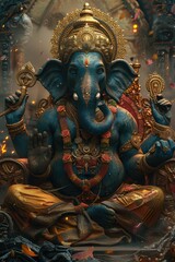 Wall Mural - Majestic Blue Ganesha Enthroned in Glory