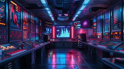 Aufkleber - Futuristic Control Room with Neon Lights and Data Displays.