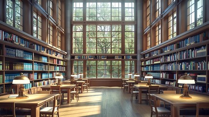 Poster - Sunlit Library Interior with Wooden Tables and Lamps.