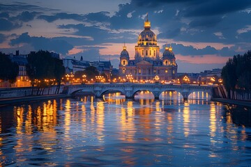 Wall Mural - Illuminated Cathedral and Bridge Reflecting on a Tranquil River at Dusk