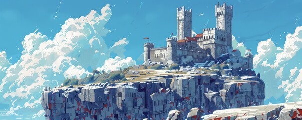 Poster - A pixel art rendition of a pixelated castle perched atop a pixelated hill, its pixelated towers reaching towards the pixelated sky.