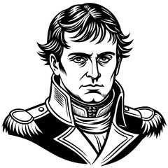 There is a black and white illustration of a man wearing a military uniform