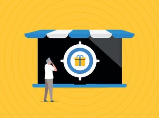 Poster - E-commerce personalization showing customer experience, AI recommendations, online shopping. Customization in marketing and gifting in retail e-commerce. Modern flat vector illustration