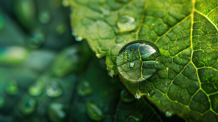 Aufkleber - A close-up of a water droplet magnifying the texture of a leaf.
