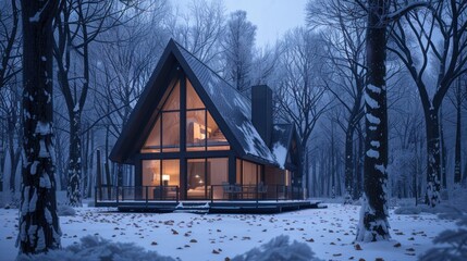 Canvas Print - A-Frame Cabin in a Snowy Forest