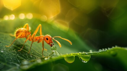 Poster - A close-up of an ant inspecting a droplet of water on a leaf.