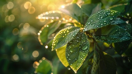 Aufkleber - A close-up of dew-covered leaves in the early morning sunlight.