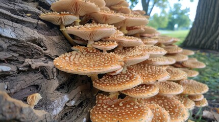 Poster - A close-up of mushrooms growing in a cluster on the base of a tree trunk.