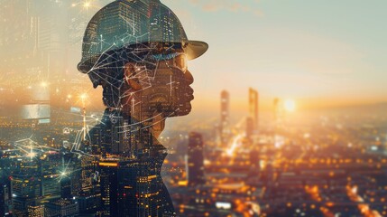 Poster - engineer using smart industry and iot software for future building construction and technology proje