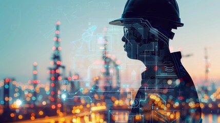 Poster - engineer using smart industry and iot software for future building construction and technology proje