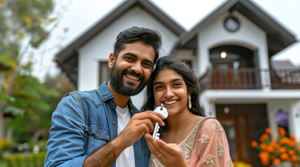 Happy Indian couple buying a house Show the house key. Beautiful home backgrounds, outdoor photos, real estate,