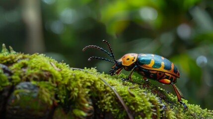Poster - A colorful beetle crawling on a mossy rock in a forest.