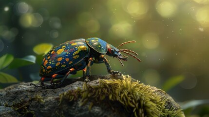 Poster - A colorful beetle crawling on a mossy rock in a forest.