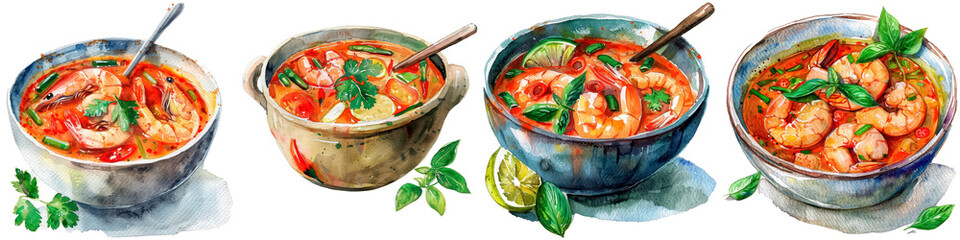 Wall Mural - Four bowls of soup with a spoon in each bowl