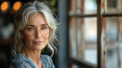 A gentle older woman with glasses looks towards the camera, capturing a calm and warm atmosphere, embodying wisdom, grace, and the serene essence of mature beauty.