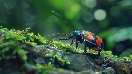 Poster - A colorful beetle crawling on a mossy rock in a forest.