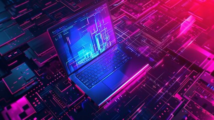 Poster - Futuristic neon laptop technology illustration for modern projects


