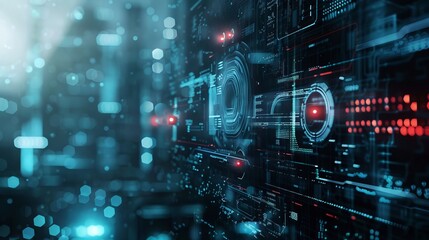 Poster - Futuristic Digital Technology Background with Abstract Geometric Shapes and Glowing Neon Lines, High-Tech Circuit Board Pattern, Innovative Cyber Interface Design, Ideal for Virtual Reality, Artificia
