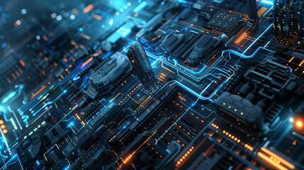 Poster - Futuristic Digital Technology Background with Abstract Geometric Shapes and Glowing Neon Lines, High-Tech Circuit Board Pattern, Innovative Cyber Interface Design, Ideal for Virtual Reality, Artificia