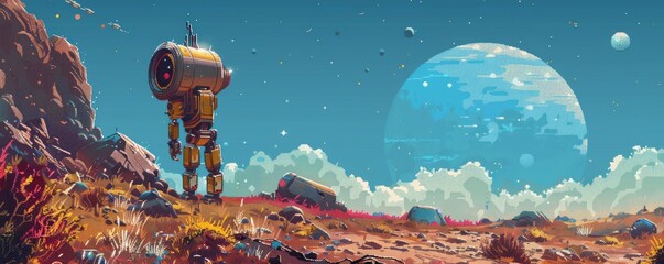 Wall Mural - A pixel art rendition of a retro-futuristic robot exploring a desolate planet, its pixelated form contrasting with the alien landscape.