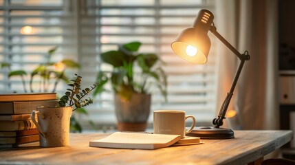Aufkleber - A desk with a stylish lamp, notebooks, and a cup of coffee